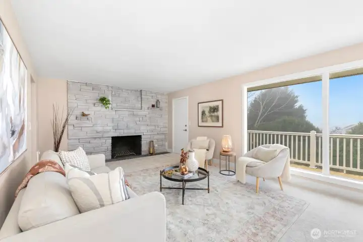 Stone-accented fireplace adds warmth and character to the space