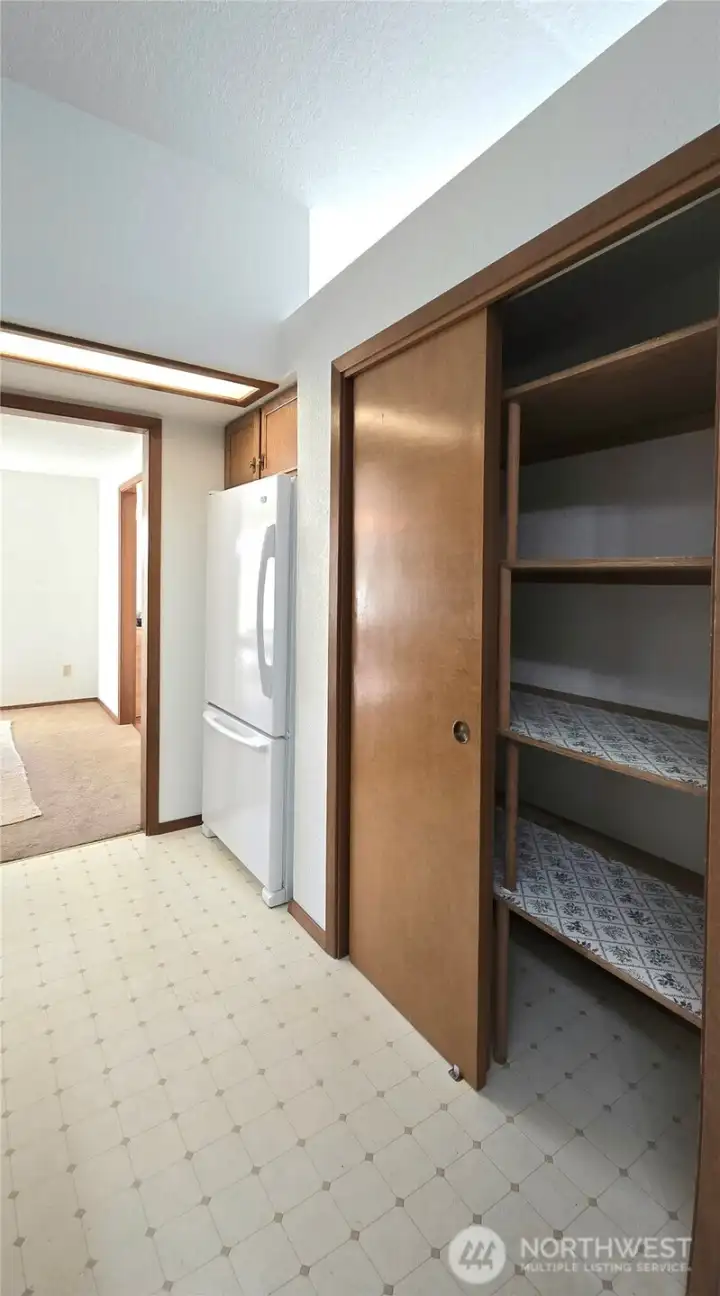 A large pantry closet offers plenty of space for food storage or appliances
