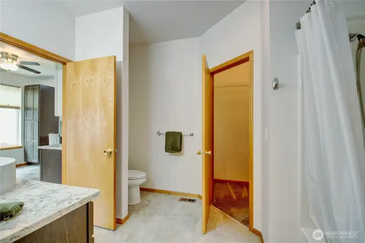 Walk-in closet connected to second bathroom.