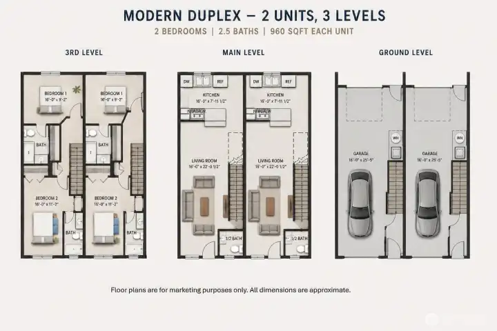 Duplex floor plans- Renderings are conceptual and for marketing purposes only. All dimensions and square footage on floor plans are approximate. Actual layout may vary.