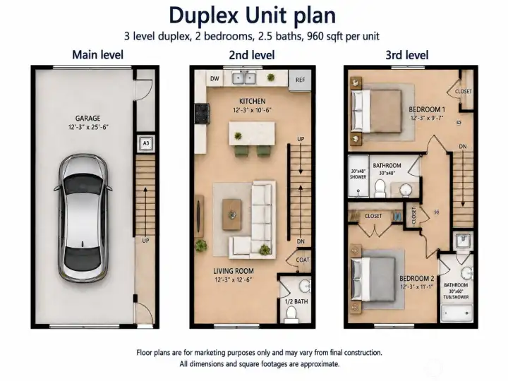 Duplex Unit floor plan-Renderings are conceptual and for marketing purposes only. All dimensions and square footage on floor plans are approximate. Actual layout may vary.