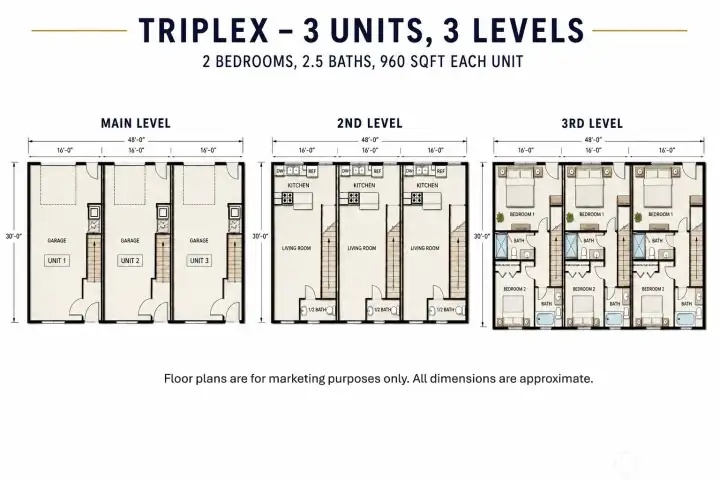 Triplex floor plans- Renderings are conceptual and for marketing purposes only. All dimensions and square footage on floor plans are approximate. Actual layout may vary.