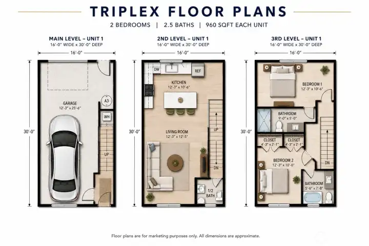 Triplex unit floor plan- Renderings are conceptual and for marketing purposes only. All dimensions and square footage on floor plans are approximate. Actual layout may vary.