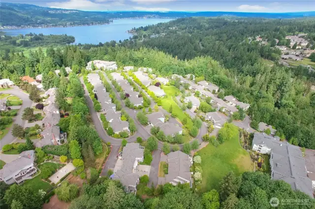 Aerial view of Forest Village just up the hill from beautiful Lake Sammamish.