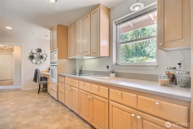 Kitchen has lots of prep area and cabinet space. And abundant natural light!