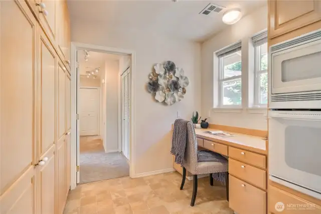 Full desk area for an office option and large built-in pantry and/or could be used for office storage as well.