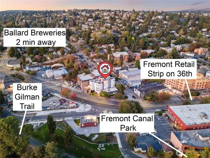Directly across street from Fremont Canal Park & Burke Gilman Trail. Conveniently located steps from Fremont's 36th Street retail core, and a 1-3 min drive from Leary Way's breweries & restaurants