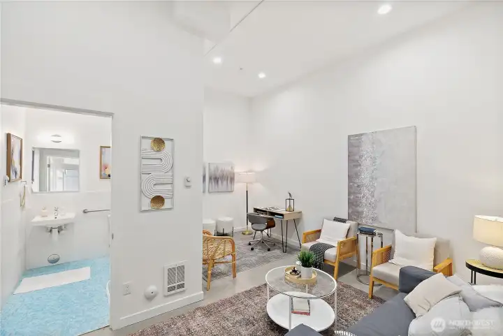Commercial work-live space with adjoining interior door and separate exterior entrance makes for a perfect office to meet clients, patients, colleagues. It could also make a great rentable space, with it's own ADA bathroom