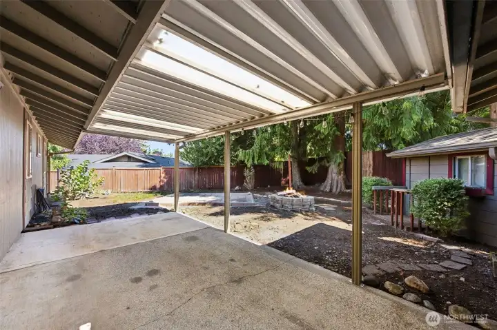Large patio in backyard