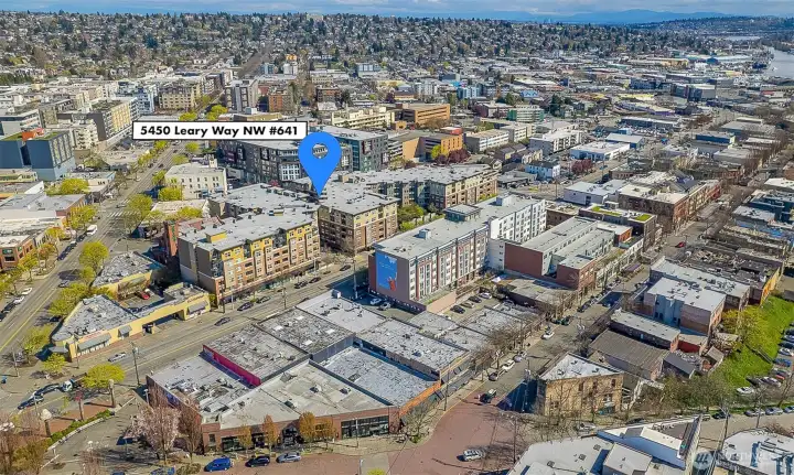 Located in the center of vibrant downtown Ballard. So convenient to everything!  Who needs a car! Well if you have one, there is a secured common garage and the unit comes with one assigned parking space.
