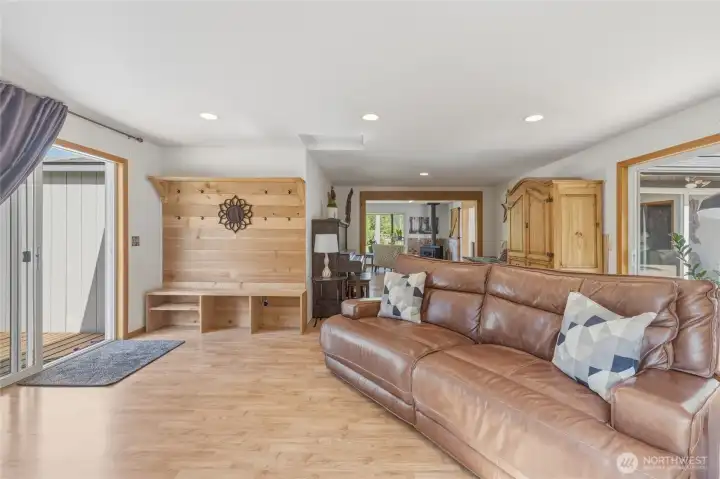 Living room view showing the sliding door