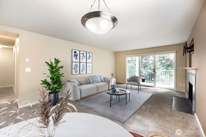 Living room virtually staged, kitchen view Living room virtually staged, kitchen view
