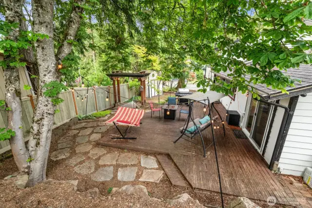 Aerial view of backyard.