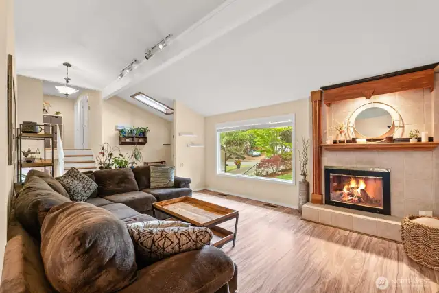 Living room with cozy fireplace.