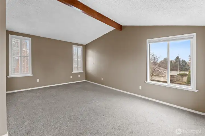 grand and spacious primary bedroom with lots of natural lighting