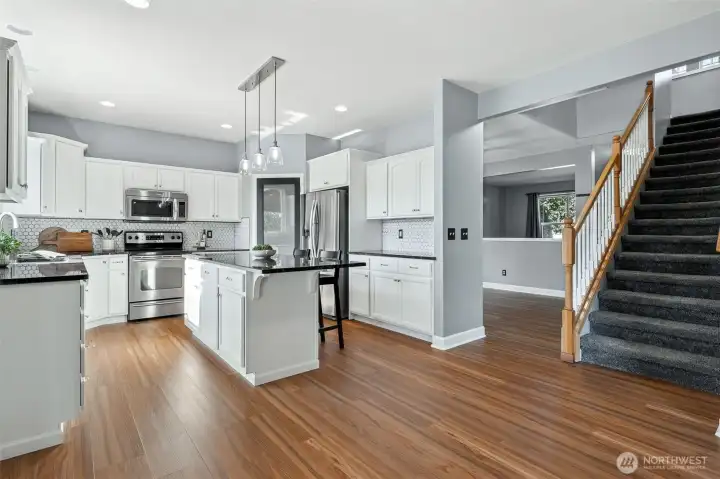 light and bright kitchen and family room