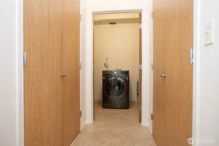 Two generous closets for storage + the laundry room, with even more shelving and storage