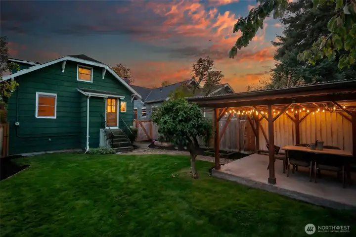 A twilight shot of the back.