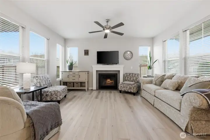 Windows on all sides with gas fireplace.