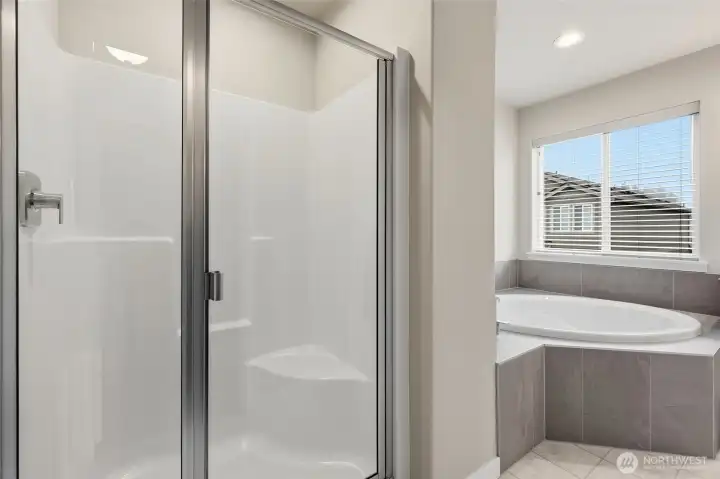 Primary bathroom with full shower and soaking tub.