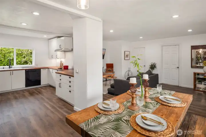Dining room opens up into kitchen.