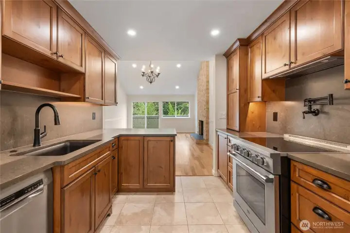 Kitchen has a small appliance trolly and soft close drawers in the cabinets and a pot filler over the brand new induction stove