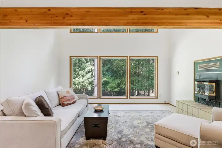 The living room overlooks the lot and the woods beyond.
