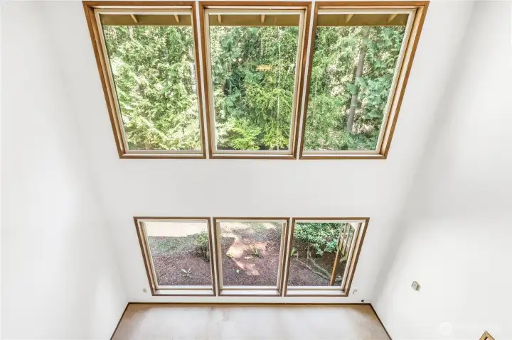 Looking down stairs through front windows.