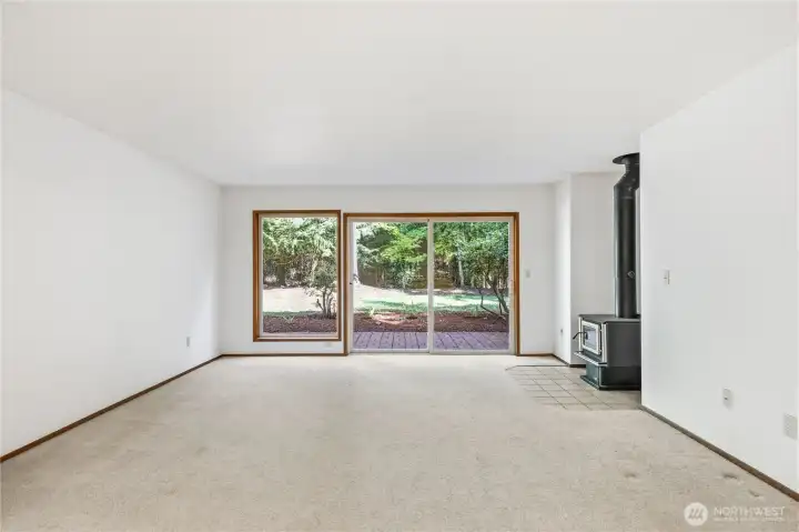 Large family room with wood stove.  Great space for media room!