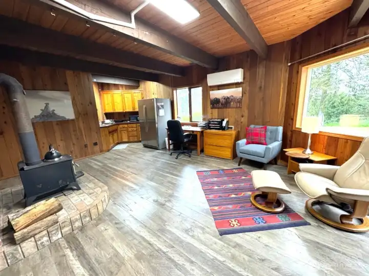 Downstairs family room with wood burning stove