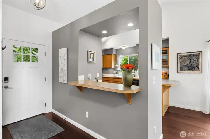 The front entry with divided light glass security door offers ample wall space for a coat rack, plus pass-through convenience for groceries, your electronic devices and more. The front entry with divided light glass security door offers ample wall space for a coat rack, plus pass-through convenience for groceries, your electronic devices and more.