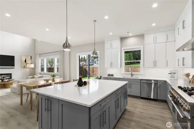 Full height upper cabinets and 36" base cabinets with concealed hinges, pulls and soft close doors.  A chefs delight!