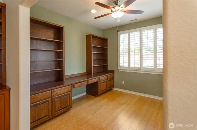 Open den has custom built-in storage as well.
