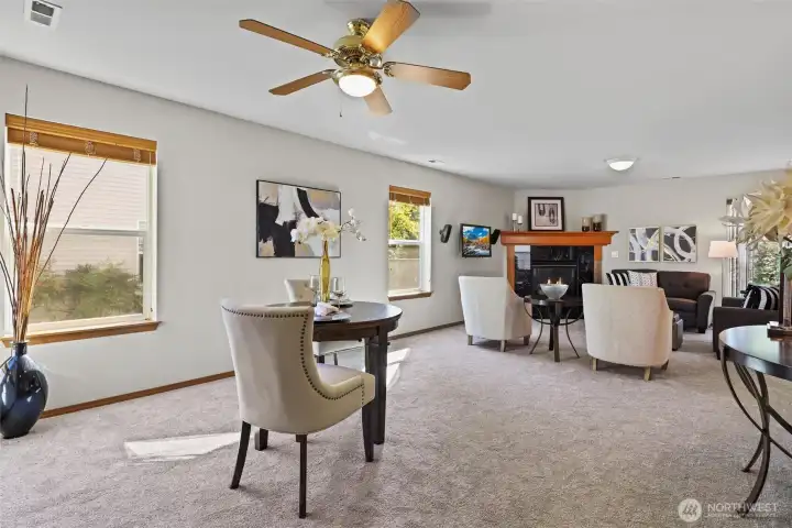 Entry into the 'great room' with dining/living/kitchen all together.