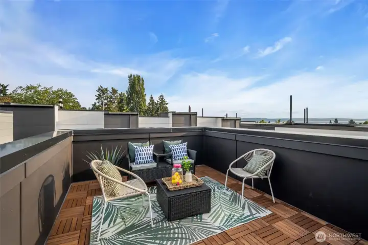 Roof deck where you can enjoy a view of the Pugel Sound and the Olympic Mountains.