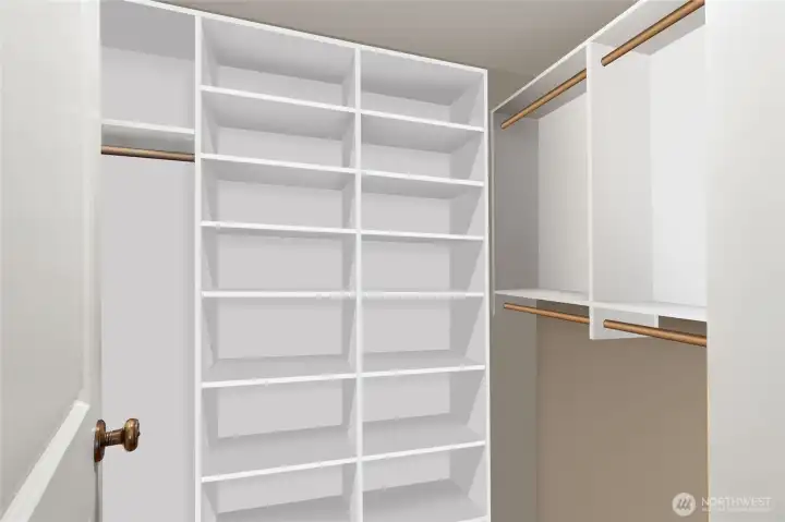 A custom walk-in closet provides excellent storage.