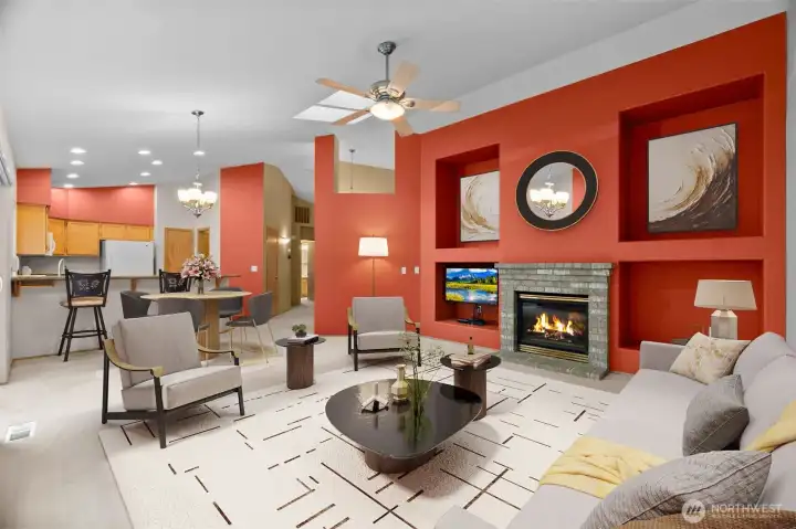 living area with gas fireplace & virtually staged