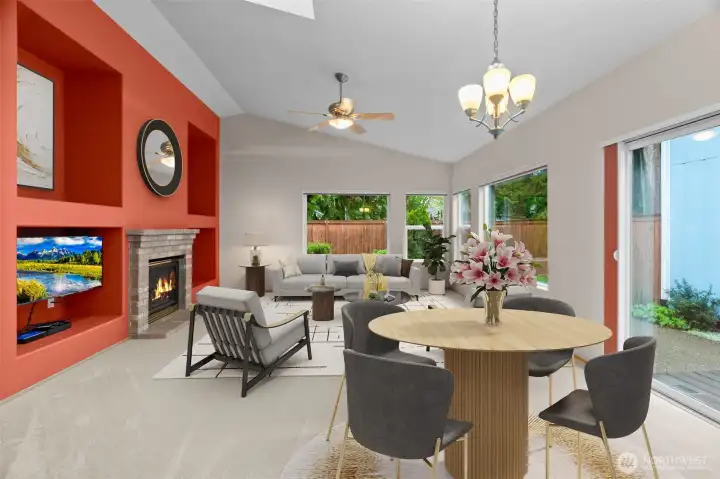Great room virtually  staged w/ dining