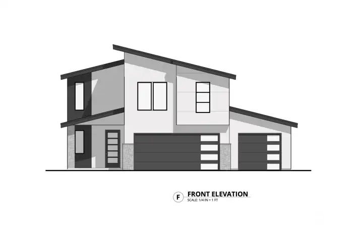 This is what modern new construction in Cove West is going to look like! Architectural rendering of the front elevation for this modern new construction by Del Rancho Custom Homes LLC in Cove West. Clean lines, black and white exterior palette, and stone accents create a striking contemporary design. Pre-sale opportunity allows buyers to personalize select finishes.