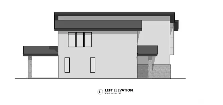 Side elevation rendering highlighting the architectural detail and modern rooflines that define this Del Rancho Custom Homes design. Thoughtful exterior design enhances both curb appeal and overall functionality.