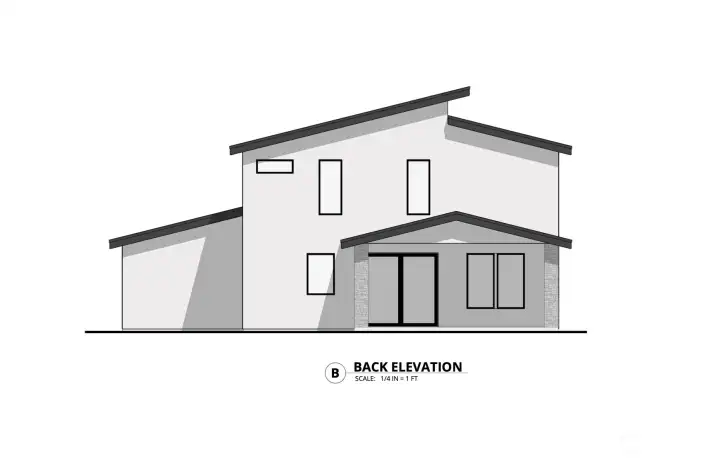 Rear elevation rendering showcasing the home’s modern design and outdoor living potential. Designed for functionality and flow, this layout supports seamless indoor/outdoor living in the desirable Cove West community near Moses Lake.