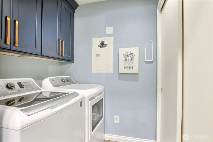 Walk-in laundry. Side-by-side washer/dryer with cabinets above. Fresh painted doors. Walk-in laundry. Side-by-side washer/dryer with cabinets above. Fresh painted doors.
