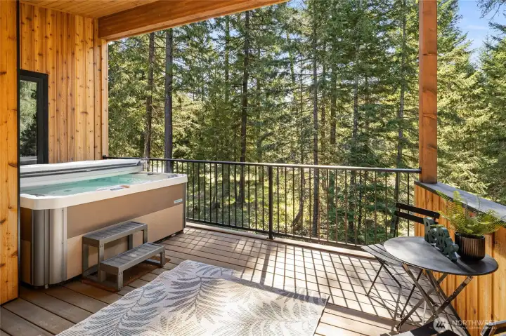 Standout feature! This private second-level deck with a hot tub is pretty cool. It's the perfect spot for relaxation and enjoying the outdoors.