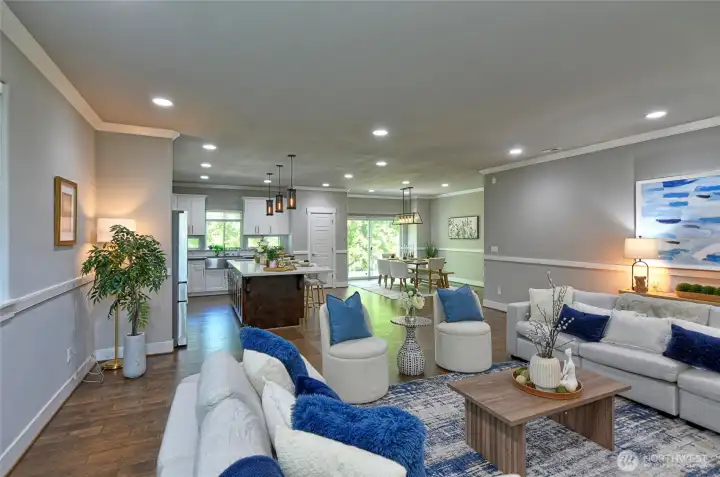Offers flexible space for gathering and entertaining.