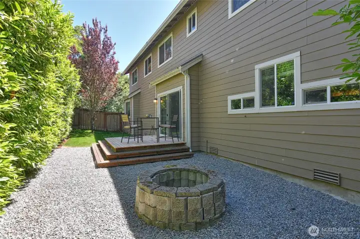Low-maintenance yard with firepit.