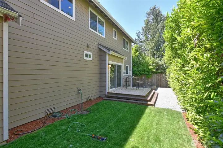 Fully fenced backyard provides privacy.