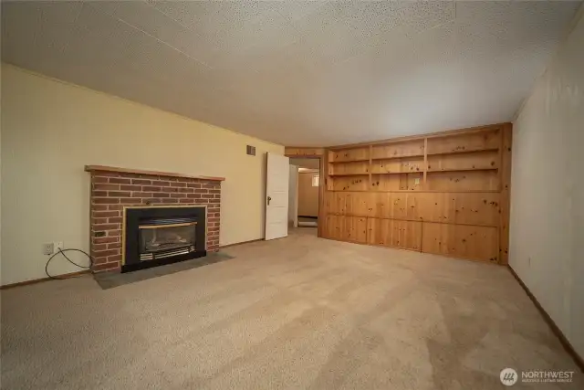 Lower level family room with gas fireplace and built-ins