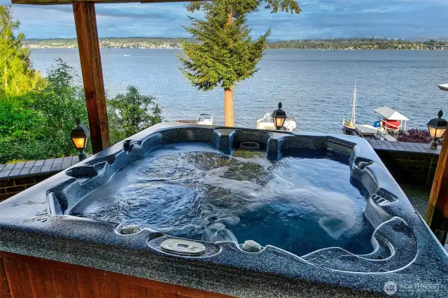 View from the hot tub privately tucked under the deck