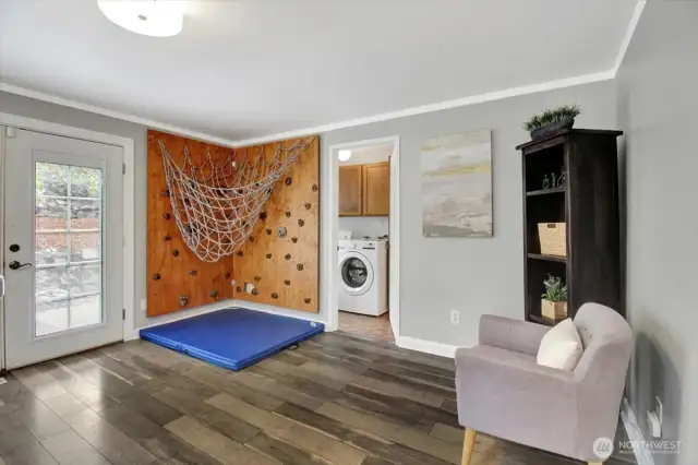 French doors with built in blinds leading to deck