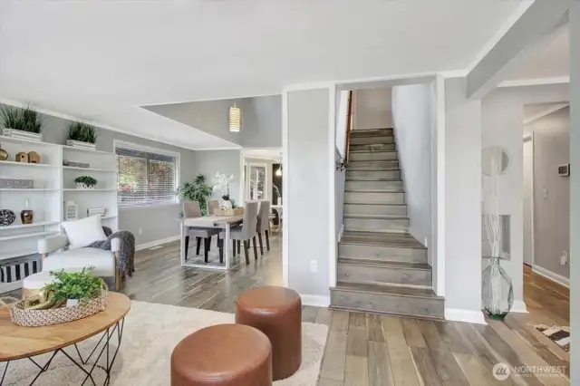 Open layout with cathedral ceilings